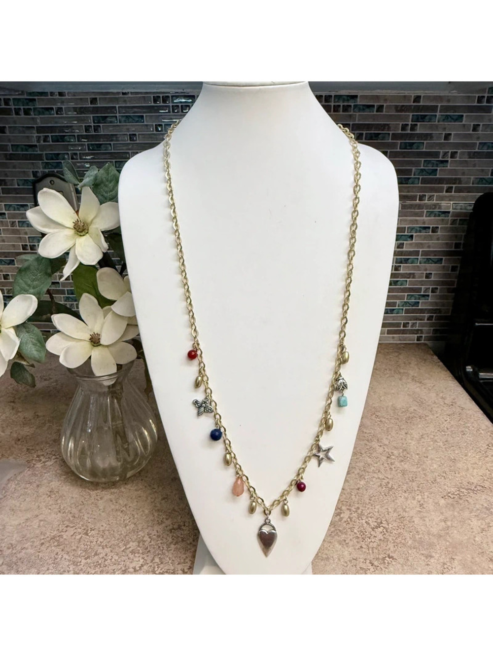 NWT Chico’s Long Charm Necklace Gold Tone Statement Necklace